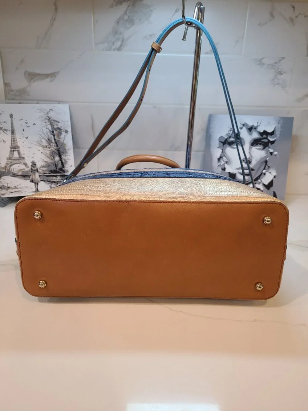 Brahmin Large Duxbury Shoulder Bag in Surf Vineyard Blue & Tan Leather EUC
